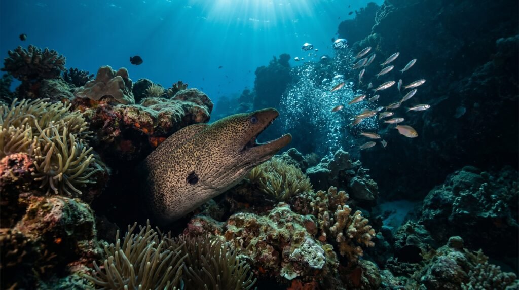 سمك موراي يصطاد فريسة صغيرة بين الصخور البحرية