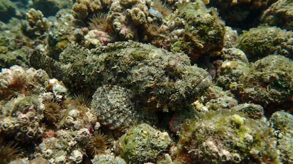 سمكة الحجر مموهة بين الصخور في قاع البحر