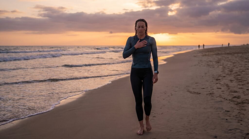 شخص يمارس تمرين المشي مع حبس النفس على الشاطئ