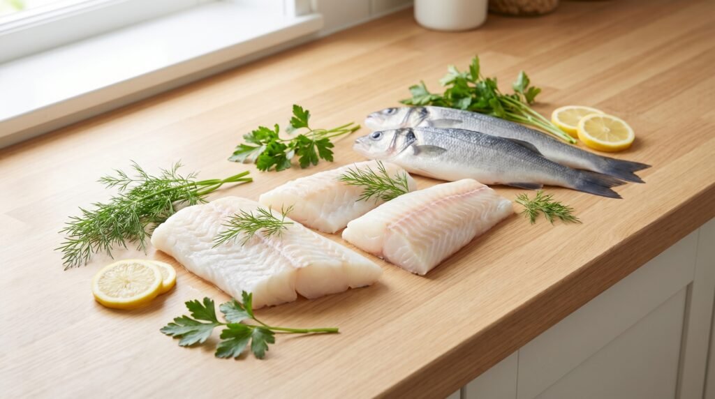 شرائح سمك أبيض طازج قليل الدهون مثل سمك القد