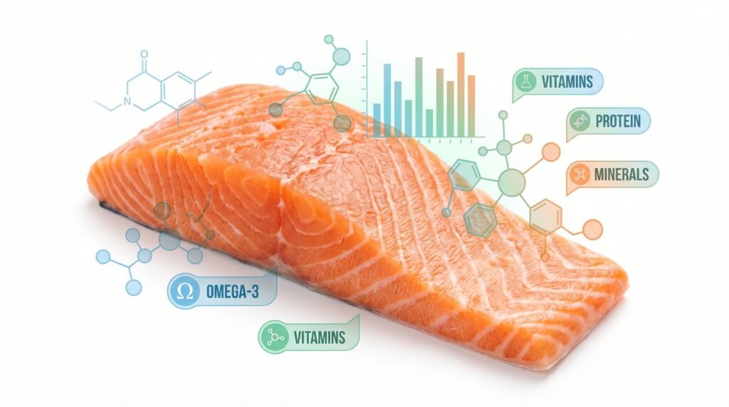 صورة توضح العناصر الغذائية في السمك مثل البروتين والأوميغا 3 والفيتامينات