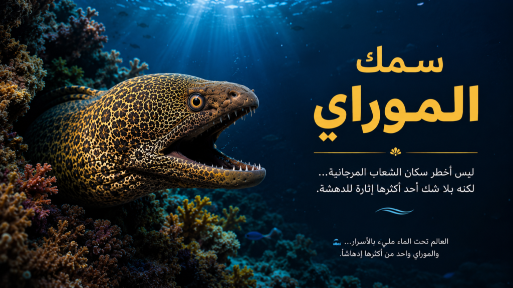 صورة خاتمة سينمائية لسمك الموراي (المرينة) يخرج من بين الشعاب المرجانية في أعماق البحر، مع إضاءة زرقاء درامية ورسالة ختامية تبرز غرابة هذا المفترس البحري ودوره في النظام البيئي.