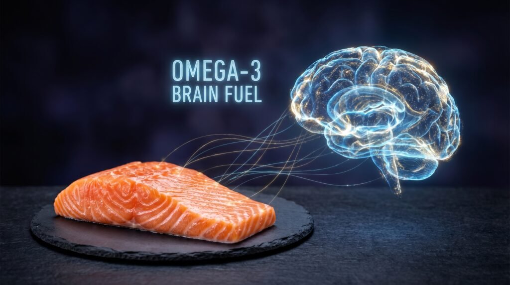 صورة رمزية توضح علاقة تناول السمك بصحة الدماغ والذاكرة