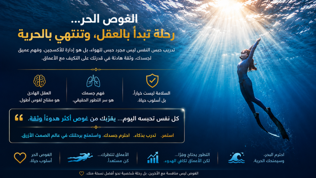 خاتمة ملهمة عن الغوص الحر — صورة سينمائية لغواصة تتجه نحو الضوء مع رسائل عن الهدوء، التحكم في النفس، والسلامة أثناء حبس النفس تحت الماء