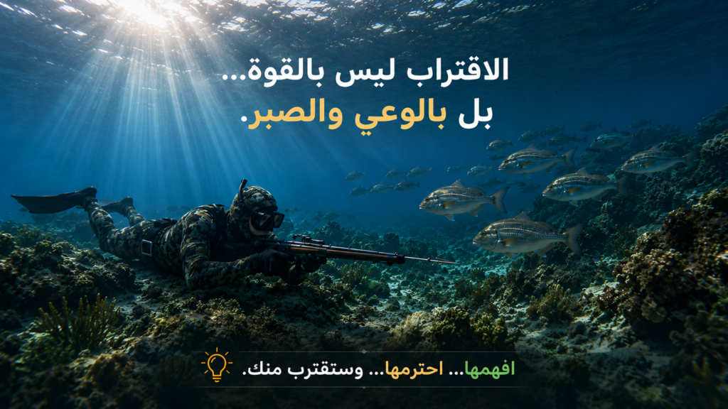 صياد تحت الماء يقترب بهدوء من سرب أسماك قرب القاع الصخري، في مشهد يوضح كيف يساعد الوعي بسلوك الأسماك والصبر والحركة الهادئة على الاقتراب منها دون إثارة الخوف أو الهروب.