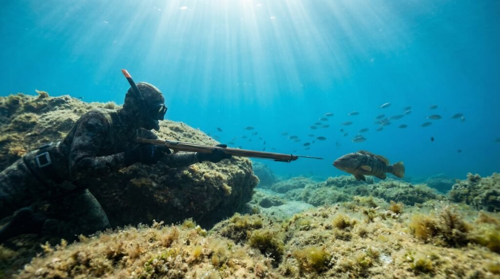 صياد تحت الماء ينتظر الأسماك أثناء حبس النفس