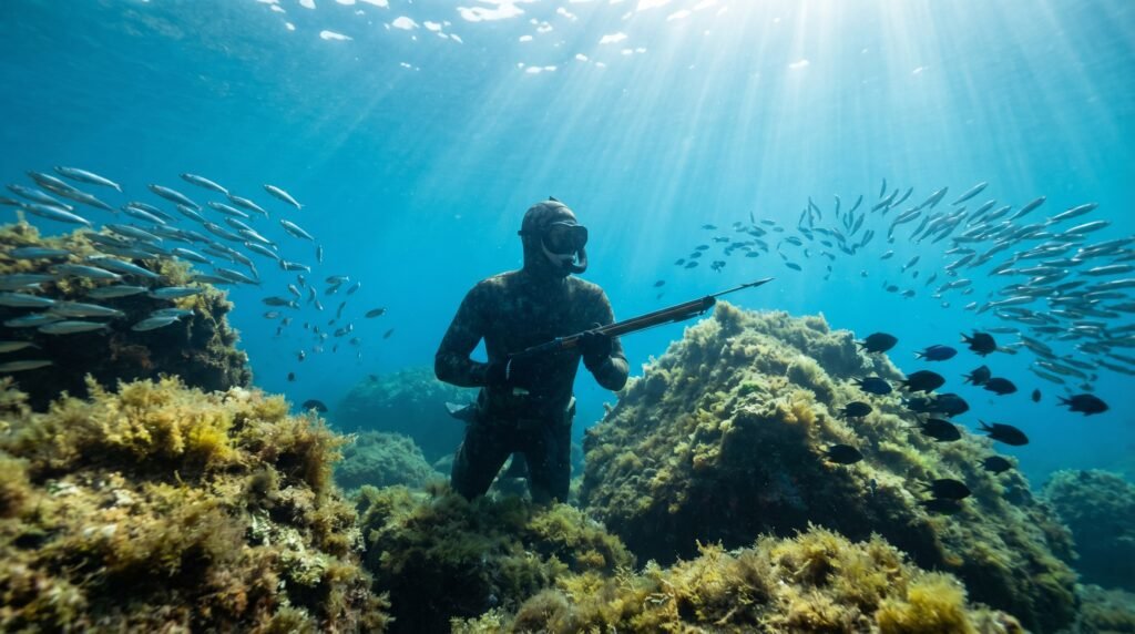 صياد تحت الماء ينتظر بهدوء قرب قاع البحر