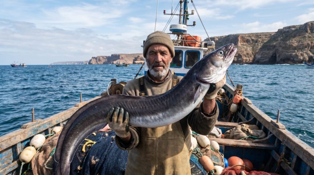 صياد مغربي يحمل سمك الصنور بلونه الرمادي الداكن من الأعلى والأبيض من الأسفل