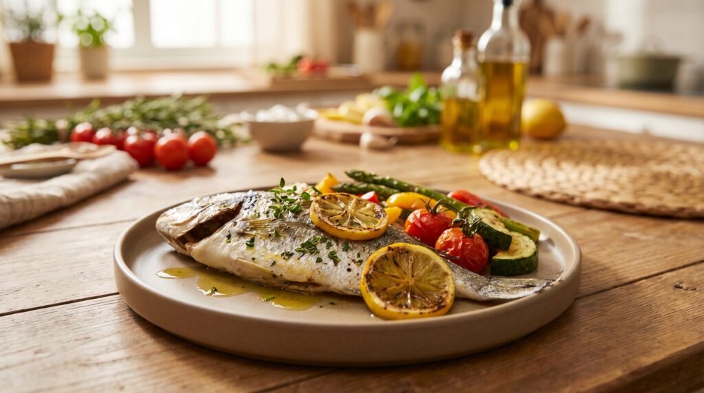 طبق سمك مشوي صحي مع الخضار والليمون