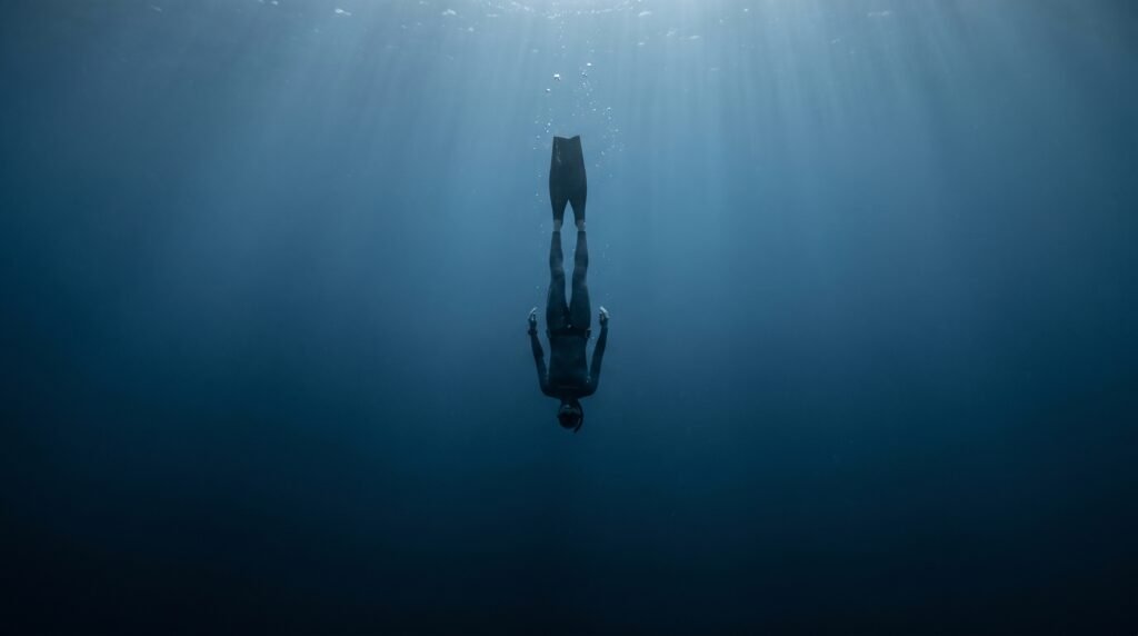 غواص حر في مرحلة السقوط الحر دون حركة داخل الأعماق