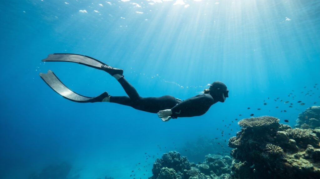 غواص حر يؤدي السباحة تحت الماء مع حبس النفس