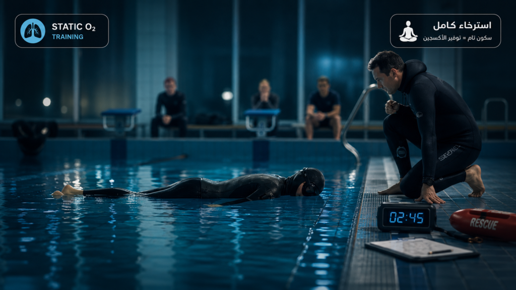 غواص حر يؤدي تدريب Advanced Static O₂ Training داخل مسبح تحت إشراف مدرب مختص، مع الحفاظ على السكون التام لتقليل استهلاك الأكسجين وتحسين تحمل نقص الأكسجين بأمان.