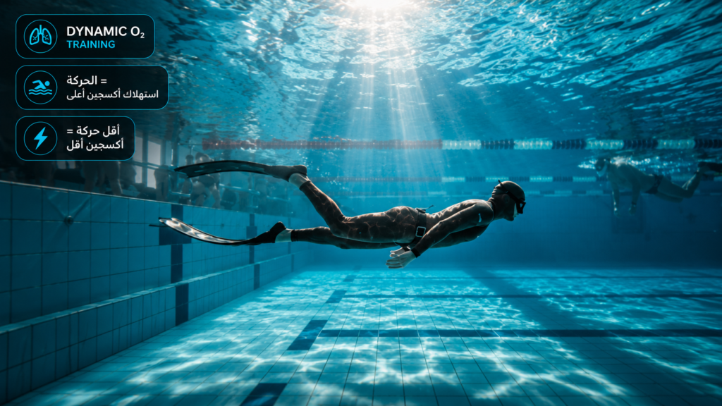 غواص حر يؤدي تدريب Hypoxic Dynamic O₂ Training داخل مسبح، مع السباحة تحت الماء بحبس النفس لتطوير تحمل نقص الأكسجين وتحسين كفاءة الحركة تحت إشراف مدربين مختصين.