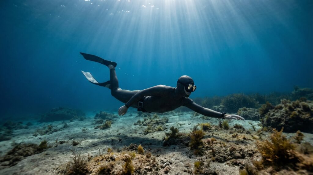 غواص حر يتدرب على تحمل نقص الأكسجين أثناء السباحة تحت الماء