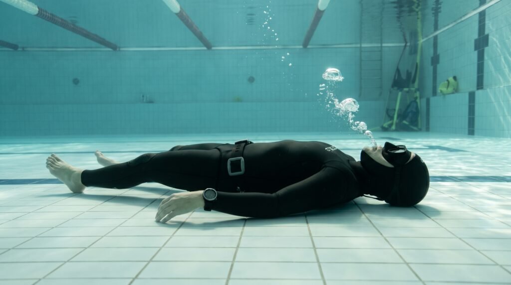 غواص حر يتدرب على تمرين FRC Apnea بحبس النفس بعد الزفير