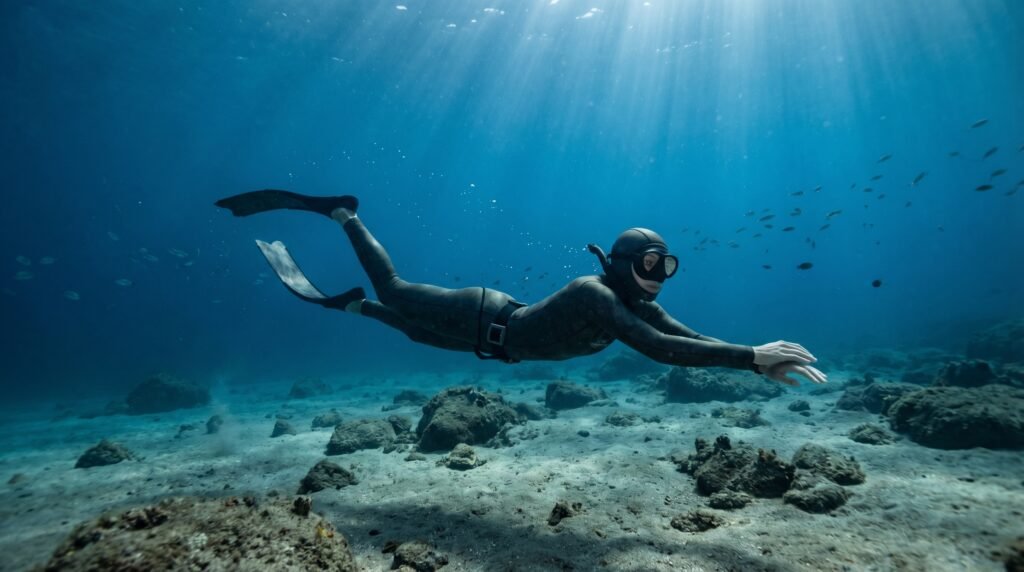 غواص حر يتدرب على حبس النفس بهدوء تحت الماء