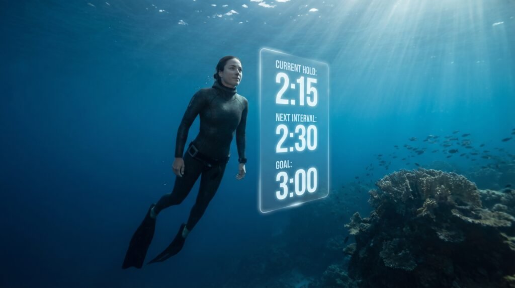 غواص حر يتدرب على زيادة مدة حبس النفس تدريجياً