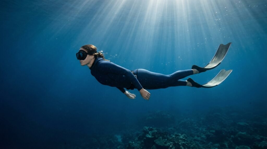 غواص حر يحبس أنفاسه بهدوء تحت الماء أثناء الغوص الحر