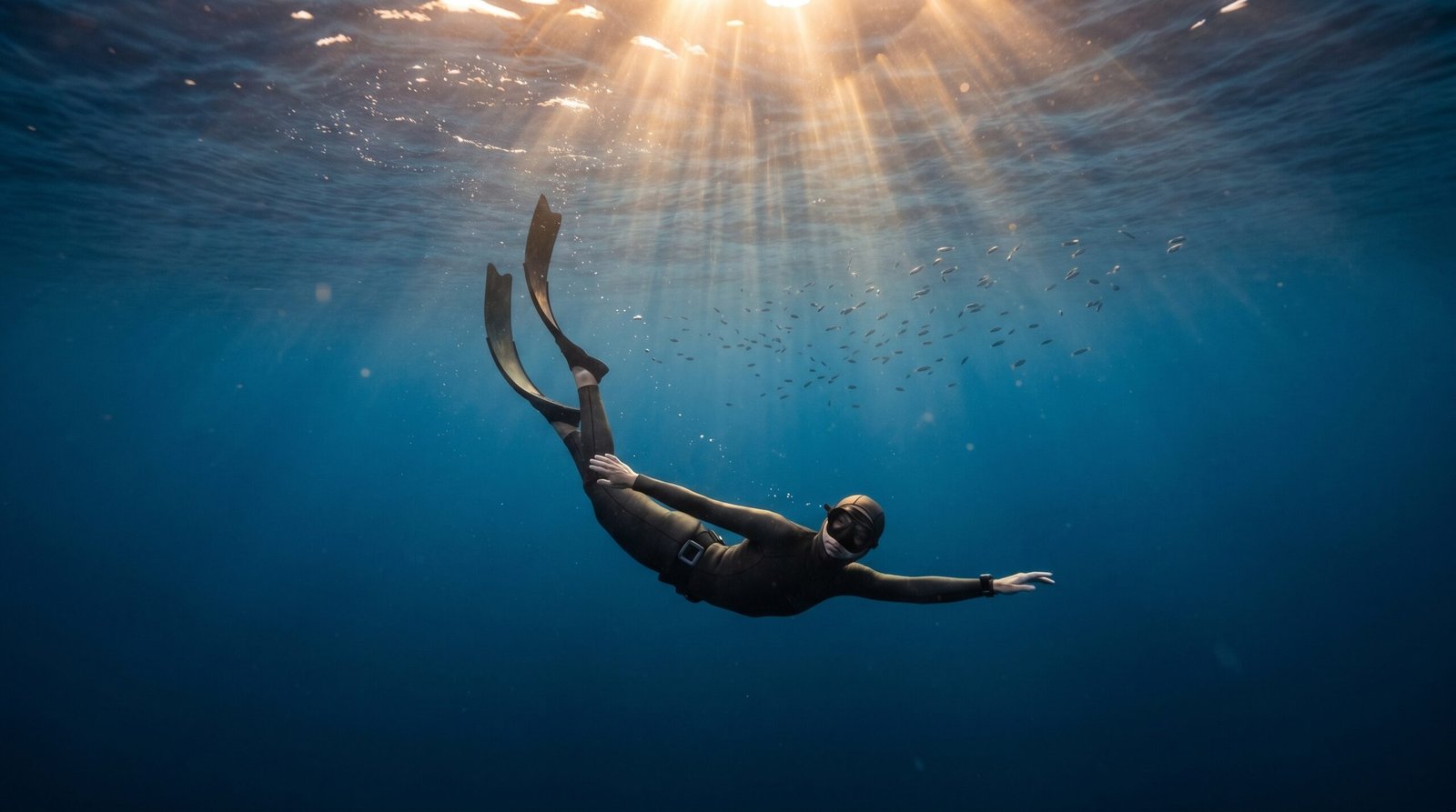 غواص حر يحبس أنفاسه بهدوء تحت الماء في بيئة بحرية عميقة