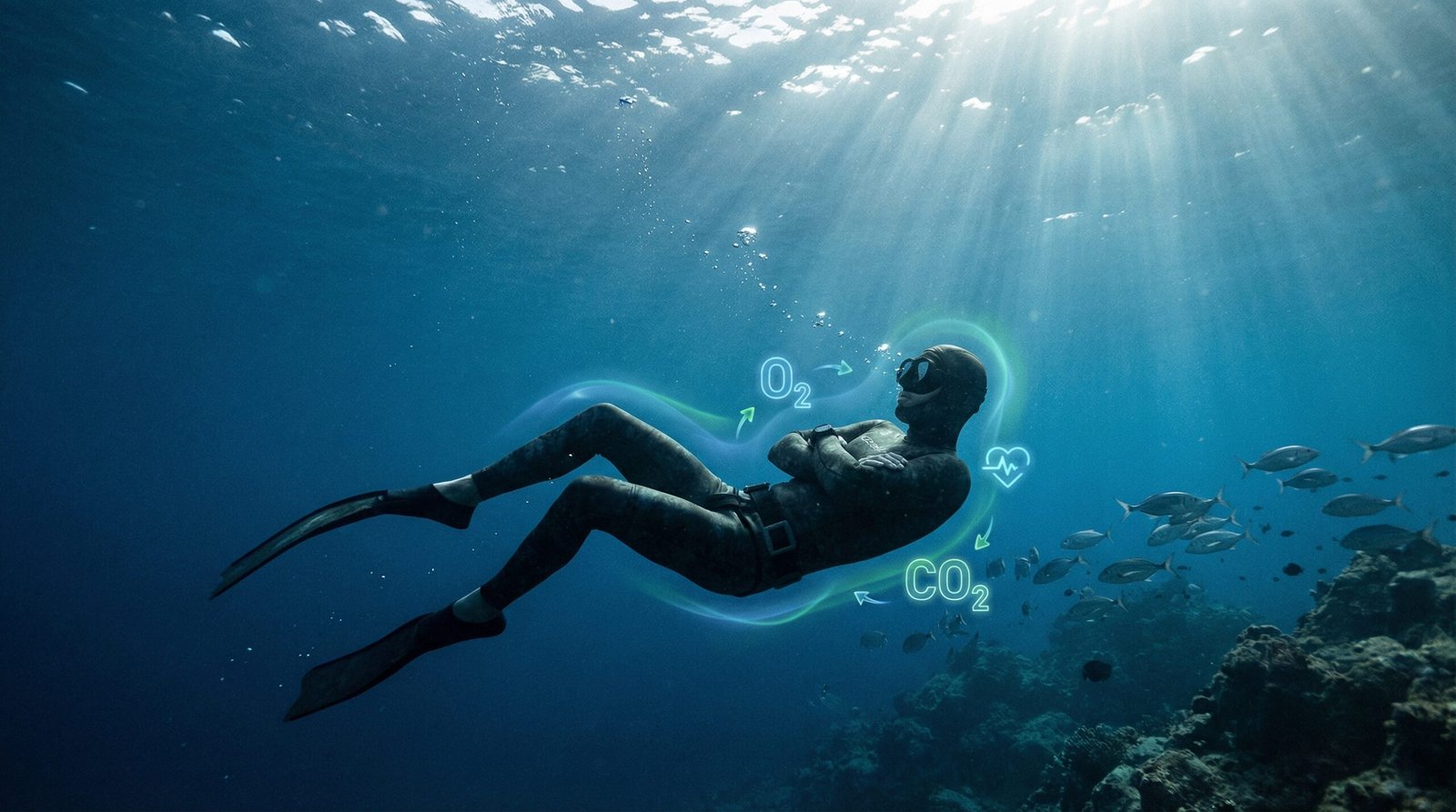 غواص حر يحبس أنفاسه تحت الماء في مشهد واقعي يرمز لتدريب O2 وCO2 وزيادة مدة حبس النفس