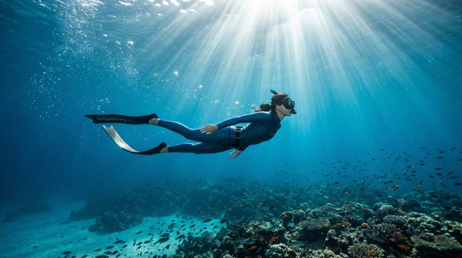 غواص حر يسبح بهدوء في أعماق البحر