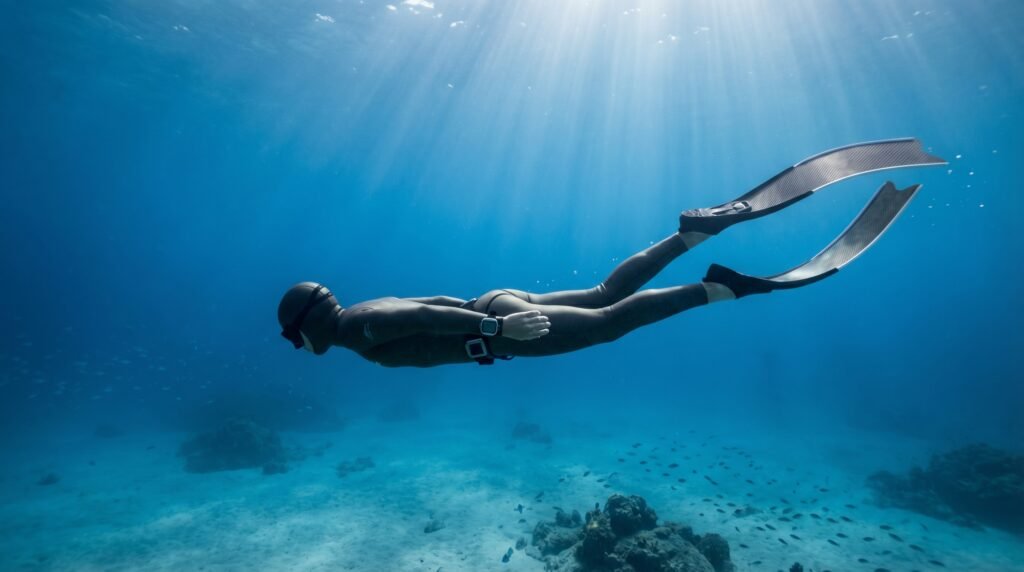 غواص حر يسبح تحت الماء أثناء تمرين حبس النفس الديناميكي