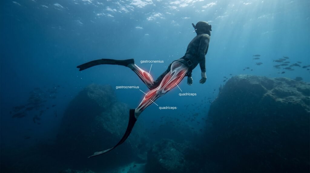 غواص حر يستخدم عضلات الساق أثناء السباحة تحت الماء