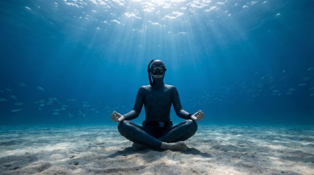 غواص حر يسترخي تحت الماء للحفاظ على الأكسجين