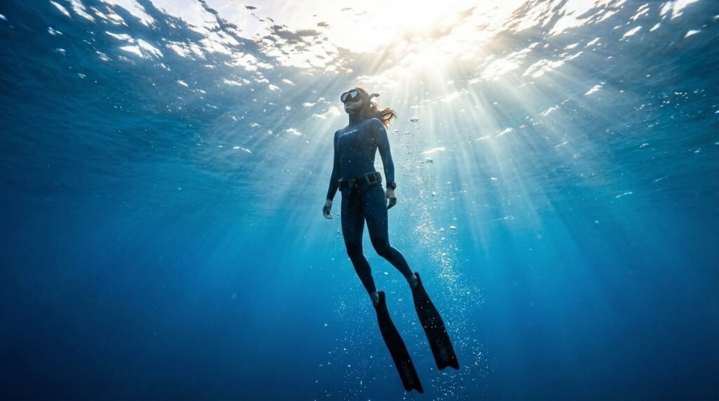 غواص حر يصعد ببطء نحو سطح البحر بعد غوص ناجح