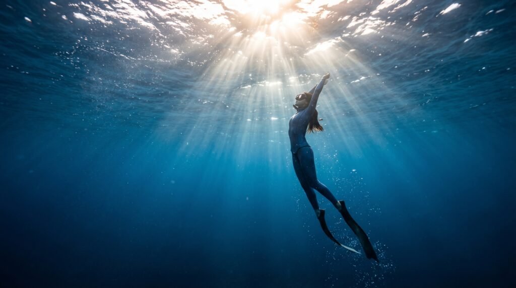 غواص حر يصعد ببطء نحو سطح الماء مع أشعة الشمس