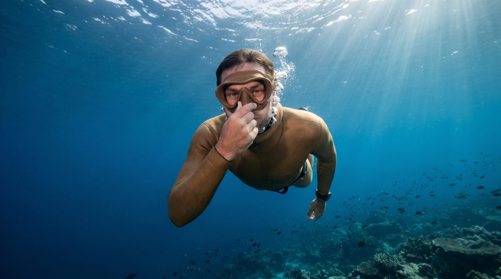 غواص حر يقوم بمعادلة ضغط الأذن أثناء النزول تحت الماء