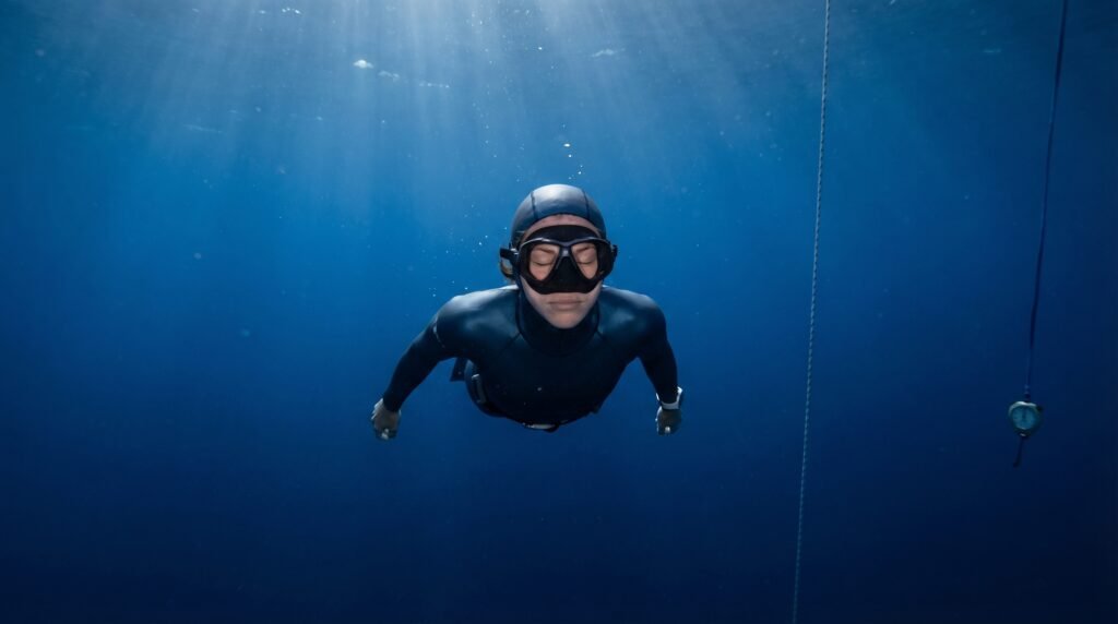 غواص حر يمارس تمرين حبس النفس الساكن تحت الماء