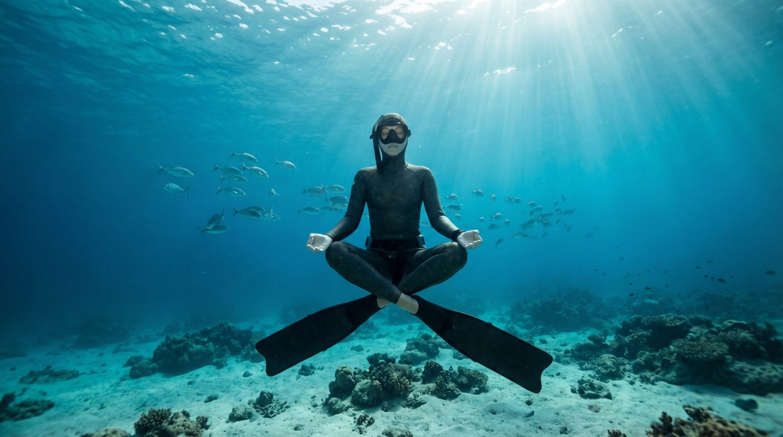 غواص حر يمارس حبس النفس تحت الماء في بيئة بحرية هادئة مع أشعة الشمس تخترق سطح البحر