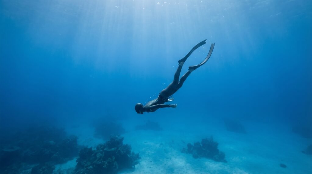 غواص حر ينزل ببطء في تدريب الغوص الحر