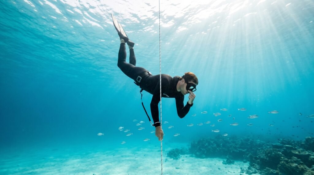 غواص حر ينزل بشكل صحيح مع معادلة ضغط الأذن بانتظام