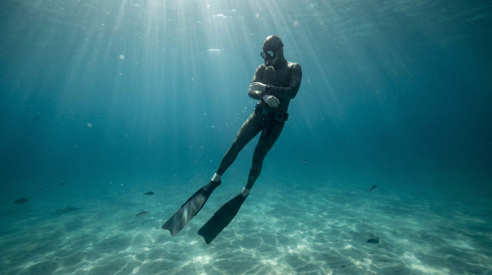 غواص حر ينزل بهدوء في أعماق البحر مع ضوء الشمس يخترق الماء