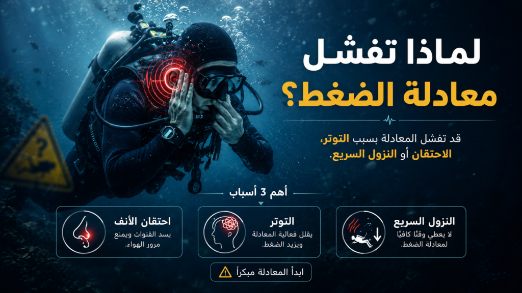 غواص سكوبا يحاول معادلة ضغط الأذن تحت الماء مع تأثيرات حمراء توضح الألم والضغط داخل الأذن، وأنفوغرافيك يشرح الأسباب الرئيسية لفشل معادلة الضغط أثناء الغوص مثل التوتر واحتقان الأنف والنزول السريع