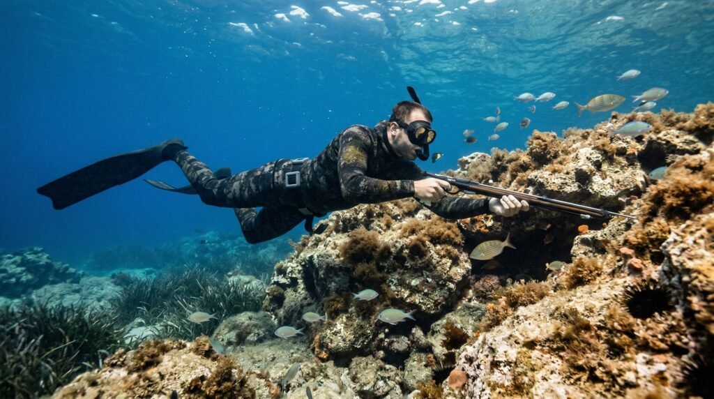 غواص صيد بالرمح يحبس أنفاسه قرب الشعاب الصخرية