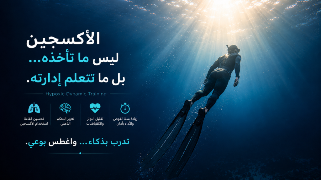 غواص غوص حر يصعد بهدوء نحو أشعة الشمس بعد جلسة Hypoxic Dynamic Training، في مشهد يرمز إلى تحسين إدارة الأكسجين، وزيادة كفاءة الحركة، والغوص بأمان وثقة.