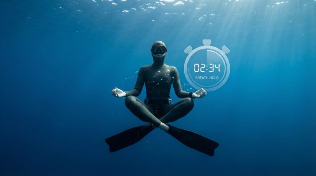 غواص فريدايفينغ يتدرب على حبس النفس بهدوء تحت الماء