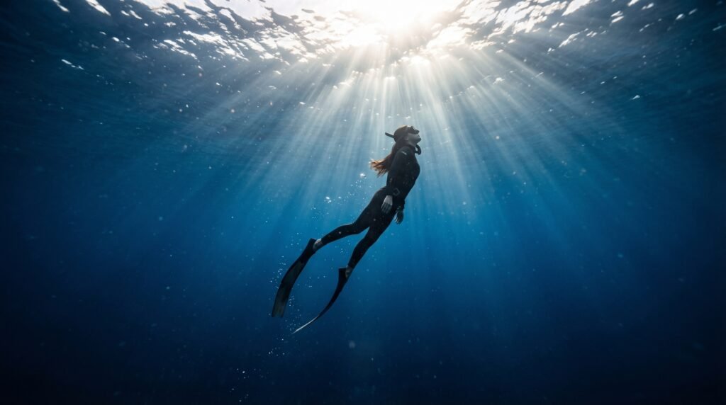 غواص فريدايفينغ يصعد بهدوء نحو سطح الماء بعد الغوص