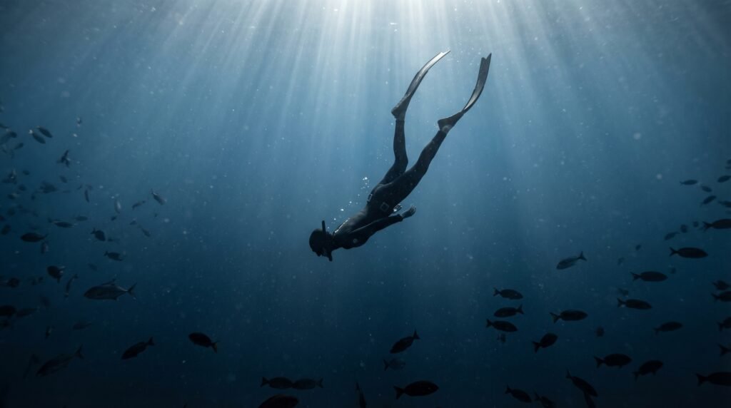 غواص فريدايفينغ ينزل بهدوء في الأعماق أثناء الغوص الحر