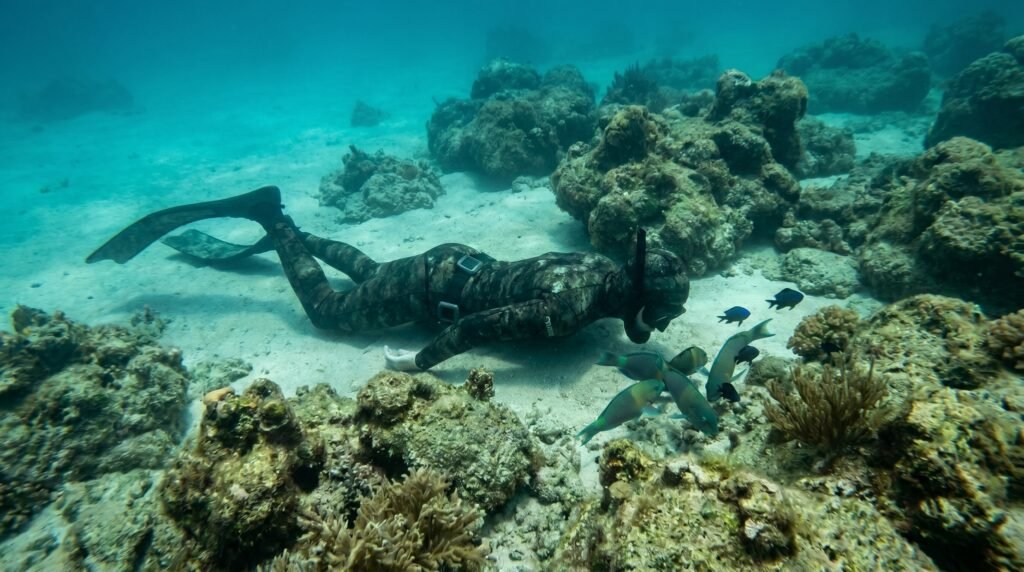 غواص محافظ على هدوء حركاته… ومقلّل لأي مصدر للصوت قدر الإمكان