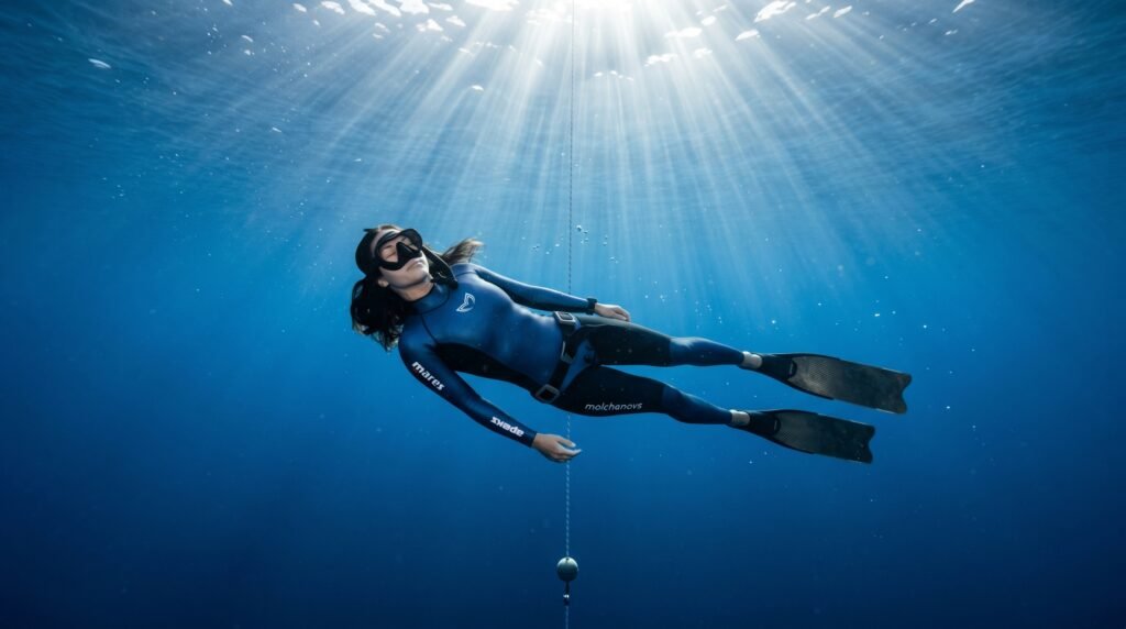 غواص محترف يطفو بهدوء في أعماق البحر بثقة واسترخاء