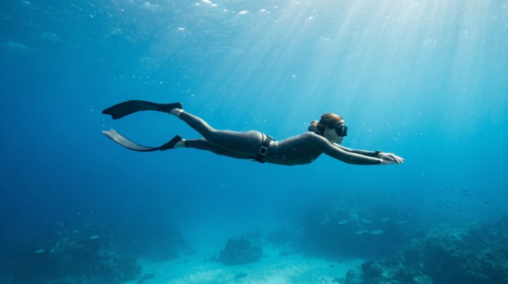 غواص يتحرك ببطء تحت الماء بأسلوب اقتصادي لتقليل استهلاك الأكسجين