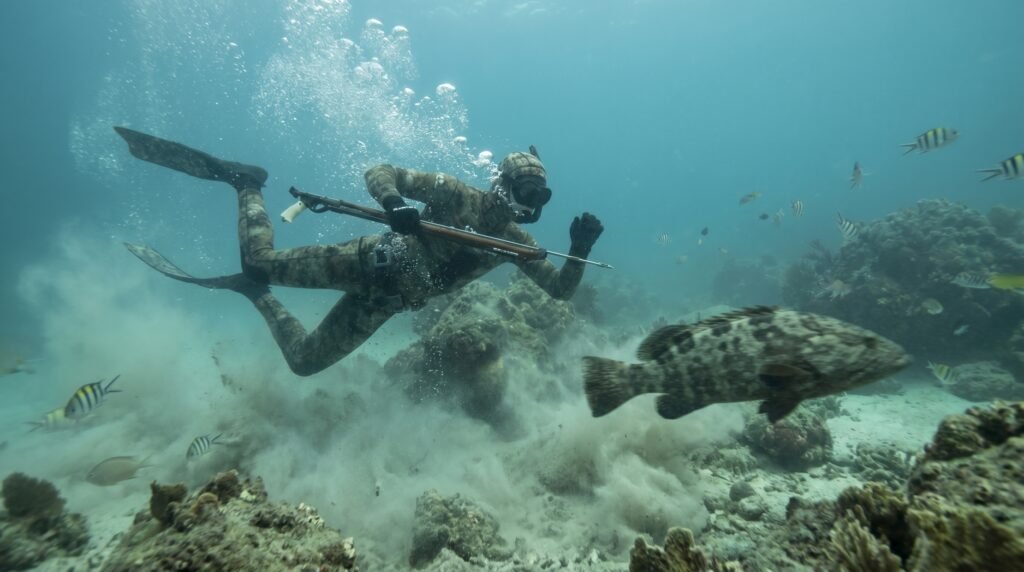 غواص يتحرك بسرعة وبعشوائية مما يؤدي إلى هروب الأسماك