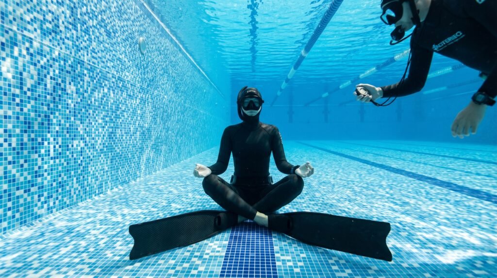 غواص يتدرب على تمارين الأكسجين داخل مسبح