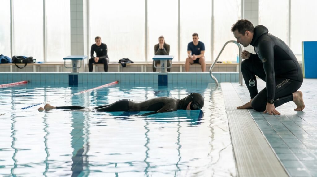 غواص يتدرب على حبس النفس الثابت فوق سطح الماء