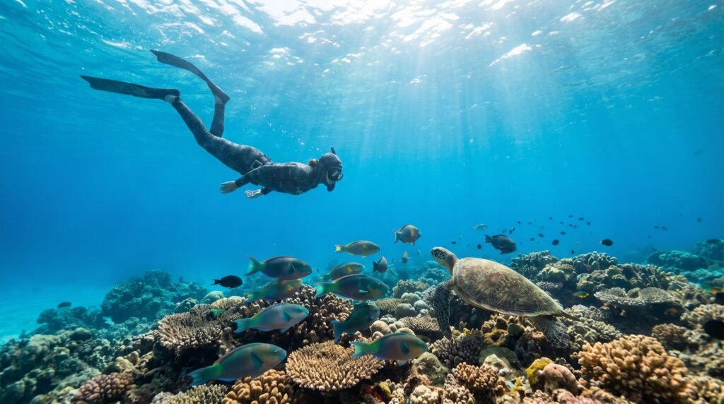 غواص يراقب الكائنات البحرية قرب الشعاب المرجانية دون لمسها