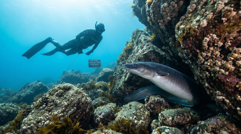 غواص يراقب سمك الصنور من مسافة آمنة بلونه الرمادي الداكن من الأعلى والأبيض من الأسفل